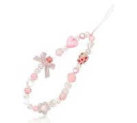 Hopzab Pink Phone Charm Mobile Chain Cute Beaded Mobile Strap Phone Pendant Wrist Strap Smartphone Lanyard for Girls Women Ladies Gifts (Strawberry Bowknot Beaded)