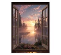 HOQIU Beautiful Wall Art Forest lake outside the window canvas artwork for wall, art prints, For living room, bedroom, bathroom, dining room, painting and decor.(black)-30x40cm Unframed