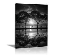 HOQIU Black And White Wall Art Silhouette style riverside deer prints for walls, canvas wall art, for Living Room Bedroom Bathroom Home Office Wall Decoration(black and white)-30x40cm Framed