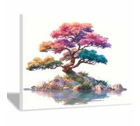 HOQIU Canvas Wall Art Colorful Bonsais Tree on Rock, Art Decor tree poster, landscape wall art, for Living Room Bedroom Bathroom.(white)-70x100cm Framed