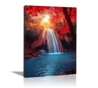 HOQIU Canvas Wall Art, Forest waterfall landscape painting abstract art, canvas artwork for wall, For living room, bedroom etc. - 40x60cm Framed(red)