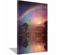 HOQIU canvas wall art Starry night rainbow bridge lake tree poster, landscape wall art, for Living Room Bedroom Bathroom.(Multicolor)-30x40cm Framed