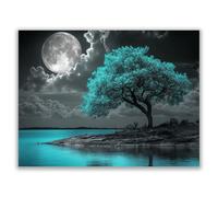 HOQIU canvas wall art Tree painting by the lake under the moon tree poster, landscape wall art, for Living Room Bedroom Bathroom.(blue)-30x40cm Unframed