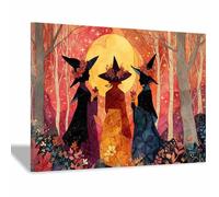 HOQIU halloween pictures Witches by Moon in Enchanted Forests canvas art, art print, house decor, bedroom wall decor above bed, prints for living room.(orange)-60x80cm Framed