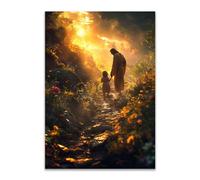 HOQIU Jesus Canvas Wall Art Majestic Jesus Canvas Print Jesus leads little girl while walking Faith Inspired Sacred Canvas Art Wall Decor gold,black M-80x120cm Unframed