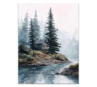 HOQIU Landscape Wall Art Forest cabin by the river canvas art, art print, house decor, bedroom wall decor above bed, prints for living room.(black)-40x60cm Unframed