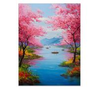 HOQIU Natural Scenery Wall Art Flowering woods by the lake decorative painting, wall art, for Living Room Bathroom Bedroom Kitchen Decoration.(powder)-30x40cm Unframed