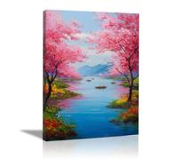 HOQIU Natural Scenery Wall Art Flowering woods by the lake decorative painting, wall art, for Living Room Bathroom Bedroom Kitchen Decoration.(powder)-30x40cm Framed