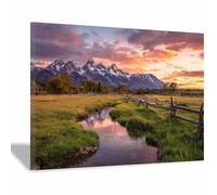 HOQIU Natural scenery wall art Teton Valley Stream decorative painting, wall art, for Living Room Bathroom Bedroom Kitchen Decoration.(Multicolor)-70x100cm Framed