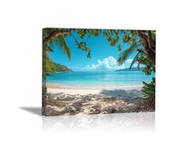 HOQIU Ocean horizon canvas wall decor Tropical beach, palm trees and blue sky Living room,bedroom,office wall art White,green Y-60x80cm Framed