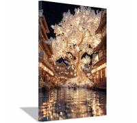 HOQIU tree of life wall art Japanese night cherries blooming water town canvas prints, nature wall art, for Bathroom Home Office Decor(Multicolor)-40x60cm Framed
