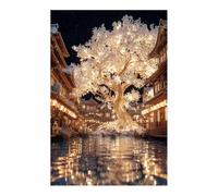 HOQIU tree of life wall art Japanese night cherries blooming water town canvas prints, nature wall art, for Bathroom Home Office Decor(Multicolor)-40x60cm Unframed