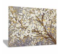 HOQIU Tree Of Life Wall Art White Blooming Gold Tree canvas prints, nature wall art, for Bathroom Home Office Decor(Multicolor)-80x120cm Framed