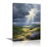 HOQIU Vintage Wall Art Illuminate the grassland landscape decorative painting, wall art, for Living Room Bathroom Bedroom Kitchen Decoration.(green)-30x40cm Framed