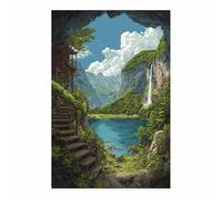 HOQIU Wall art for home decor Cave Lake Waterfall Views canvas artwork for wall, art prints, For living room, bedroom, bathroom, dining room, painting and decor.(Multicolor)-80x120cm Unframed