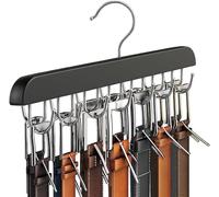 Hoquare Belt Hanger for Closet, Sturdy Wood Belt Rack Closet Accessories with 14 Hooks, Space Saving Rack Belt Display Holder, Belt Organizer Hanging Storage for Tie Belt Scarf, Black