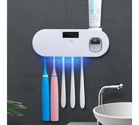 Hoquare Wall Mounted Toothbrush Holder, Electric Toothbrush Holder with Toothpaste Dispenser, UV Toothbrush Sanitizer Case for Bathroom, No Drilling Smart Clean Toothbrush Organizer with 5 Brush Slots