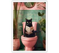horakey Funny Black Cat with Toilet Poster Cute Cat Reading Newspaper Bathroom Art Botanical Animal Pink Toilet Paintings for Living Room Bedroom Toilet Wall Decor 12x16 Inch