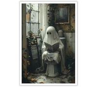 horakey Retro Ghost Poster Farmhouse Halloween Wall Art Ghost Sitting On The Toilet Reading A Book Dark Academia Pictures Prints Painting For Home Bedroom Dorm Wall Decor 12x16in Unframed
