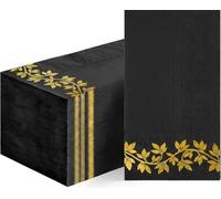 Horaldaily 100 Disposable Paper Decorative Guest Napkins, Black Gold Foil Leaf Pattern Hand Towel for Birthday Party Anniversary Lunch Dinner Kitchen Bathroom
