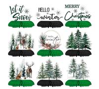 Horaldaily 9PCS Christmas Party Table Decoration Centerpieces, Merry Christmas Xmas Trees Deer Squirrel Rabbit Honeycomb Centerpieces Table Toppers for Christmas Themed Birthday Party