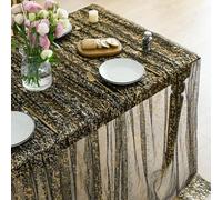 Horaldaily Black Gold Gauze Tablecloth 60×84 Inch Rectangular, Golden Sequin Glitter Metallic Foil, Sheer Chiffon Tulle Cheesecloth for Wedding Baby Shower Ceremony Birthday