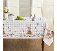 Horaldaily Easter Tablecloth 60x84 Inch, Spring Flower Buffalo Plaid Bunny Table Cover for Party Picnic Dinner Decor