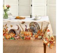 Horaldaily Fall Thanksgiving Tablecloth 60×104 Inch Rectangular, Turkey & Pumpkin Maple Leaf Harvest Table Cloth, Washable Table Cover for Dinner Kitchen Party Holiday Decorations