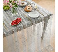 Horaldaily Grey Silver Sparkling Star Gauze Tablecloth 60x120 Inch Rectangular, Silvery Star Sequin Glitter Metallic Foil, Sheer Tulle Cheesecloth for Wedding Baby Shower Party