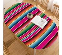 Horaldaily Regular Fitted Tablecloth 68 x 48 Inch Oval, Mexico Cinco De Mayo Fiesta Vintage Pink Vertical Stripes Washable Table Cover Elastic Edged for Dinning, Picnic, Camping, Banquet
