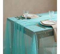 Horaldaily White Pearl Turquoise Gauze Tablecloth, 60×104 Inch Rectangular, Spring Summer Tulle Lace Cheesecloth, Bridal Shower Table Cover for Wedding Birthday Table Decor