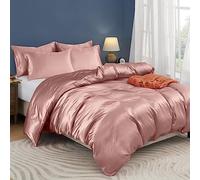 Horbaunal 5 Pieces Satin Duvet Cover Set King Size Rose Gold Duvet Cover with Corner Ties & Zipper Closure, Luxury & Silky Bedding Set, 1 Duvet Cover and 4 Pillowcases (No Comforter)
