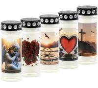 Horeca Candles - Grave Candles with Lid - 7 Days Burn Time - Set of 5 Memorial Lights - Decorated Cemetery & Funeral Candles with Motif