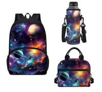 Horeset Backpack Set Boy School Bags Bookbag with Water Bottle Holder Bag Picnic Lunch Bag, Universe Planet, Middle