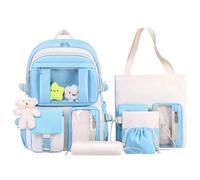 HORHEAR Kawaii Backpack 5-Piece Set for School, Cute Aesthetic Backpack, Shoulder Bag, Handbag, Drawstring Bag and Pencil Case, lightblue, standard size