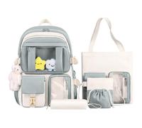 HORHREAR Kawaii Backpack 5 Piece Set for School, Cute Aesthetic Backpack, Shoulder Bag, Handbag, Drawstring Bag and Pencil Case, light green, kawaii