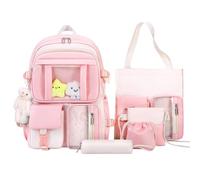 HORHREAR Kawaii Backpack 5Pcs Set for School, Cute Clear Backpack Preppy with Aesthetics Pendant for Girls Boys Primary Bag (Pink)