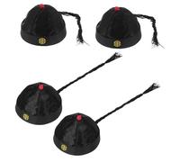 HORIALENCE 4pcs Qing Dynasty Emperor Hats with Ponytail Handmade Embroidered Nylon Chinese Oriental Headgear for Adults Comfortable Fit Cosplay Party Costume Accessories