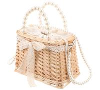 HORIALENCE Chic Pearl Woven Crossbody Bag for Women, Bamboo Hand Woven Purse with Bow Decor, Beige Summer Beach Handbag, Sturdy and Fade-resistant Stylish Accessory