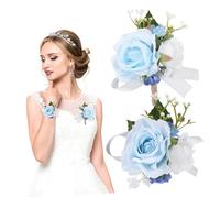 HORIALENCE Corsage and Boutonniere Set Blue Silk Wristband and Crystal Beads Rose Boutonniere and Wrist Corsage for Bride Groom Bridesmaids Groomsmen Wedding Prom Homecoming Suit Accessories