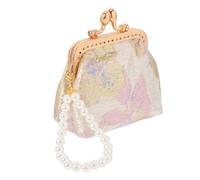 HORIALENCE Handheld Brocade Coin Purse with Pearl Embellishments Traditional Bag for Wedding Travel and Daily Use Unique Floral Design for Cultural Elegance