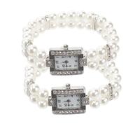 HORIALENCE Quartz Watch for Women 2Pcs Diamond Vintage Double Row Simulated Pearl Bracelet Wrist Watch with Imitation Pearl Strap Comfortable Fit Quartz Movement