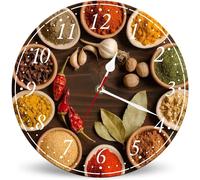 Horienteeon 25cm Wooden Kitchen Wall Clocks, Colorful Spices And Seasonings Decorative Wall Clock, Battery Operated Silent Wall Clock for Modern Home Dining Room Contemporary Artwork Decoration