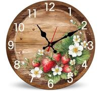 Horienteeon 25cm Wooden Silent Non-Ticking Wall Clock, Fresh Strawberry White Flower Wall Clock Decorative for Kitchen Dining Room Living Room, Battery Operated Clocks for Farmhouse Fruit Decor
