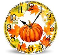 Horienteeon 30cm Vintage Autumn Thanksgiving Maple Leaf Pumpkin Wooden Wall Clocks Art Silent Non-Ticking Wall Clock Battery Operated Round Home Arabic Numeral Decorative Wall Clocks