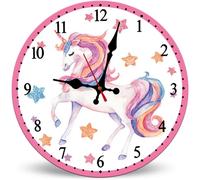 Horienteeon 30cm Wooden Silent Non-Ticking Battery Operated Wall Clock, Magical Rainbow Unicorn with Stars Design, Decorative for Girls Kids Room Nursery Playroom, Unicorn Themed Home Decor