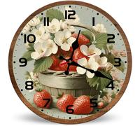 Horienteeon 30cm Wooden Silent Non-Ticking Wall Clock, Fresh Strawberry White Flower Basket Wall Clock Decorative for Kitchen Dining Room Living Room, Farmhouse Fruit Home Decor