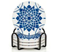 Horienteeon 4Pcs Drink Coasters with Metal Holder, 10.3cm Ceramic Coasters with Cork Base, Blue & White Geometric Mandala Coaster Set for Suitable Kinds of Cups Wooden Table Scandi Decor