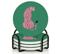Horienteeon 4Pcs Drink Coasters with Metal Holder, 10.3cm Ceramic Coasters with Cork Base, Bold Preppy Green & Pink Leopard Print Coaster Set for Trendy Home Decor, Non-Slip Table Coaster