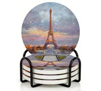 Horienteeon 4Pcs Drink Coasters with Metal Holder, 10.3cm Non-Slip Table Ceramic Coasters with Cork Base, Eiffel Tower Sunset Coaster Set for Mug Cup Table Paris Lover & Romantic Home Decor